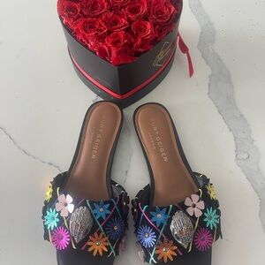 Kurt Geiger Black Floral Embroidered Mules